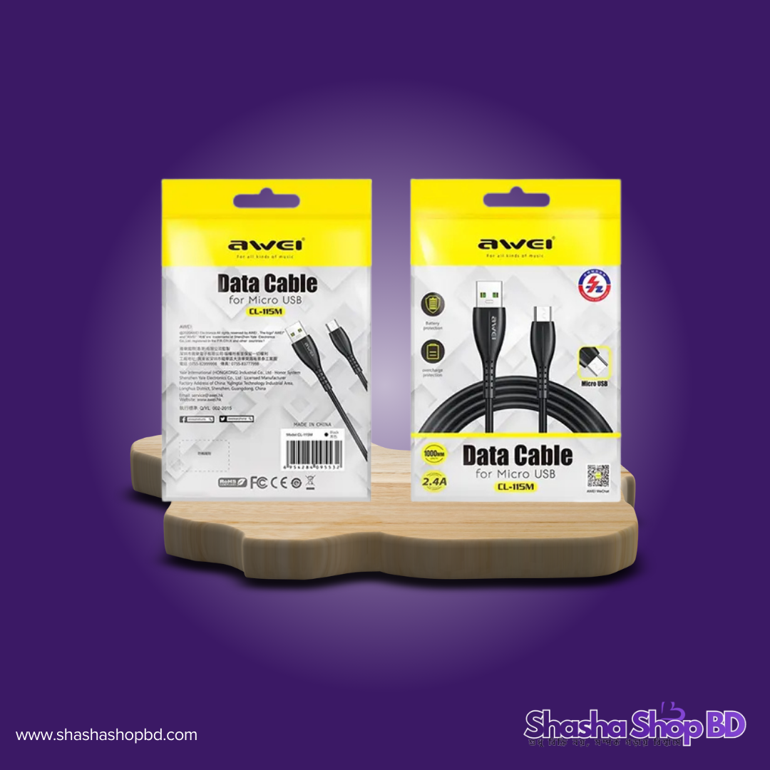 ⚡ Awei Data Cable for Micro USB (CL-115M) (2.4A Fast Charging, Battery Protection & Overcharge Prevention – আপনার ডিভাইসের দীর্ঘস্থায়ী ও নিরাপদ চার্জিং পার্টনার!)