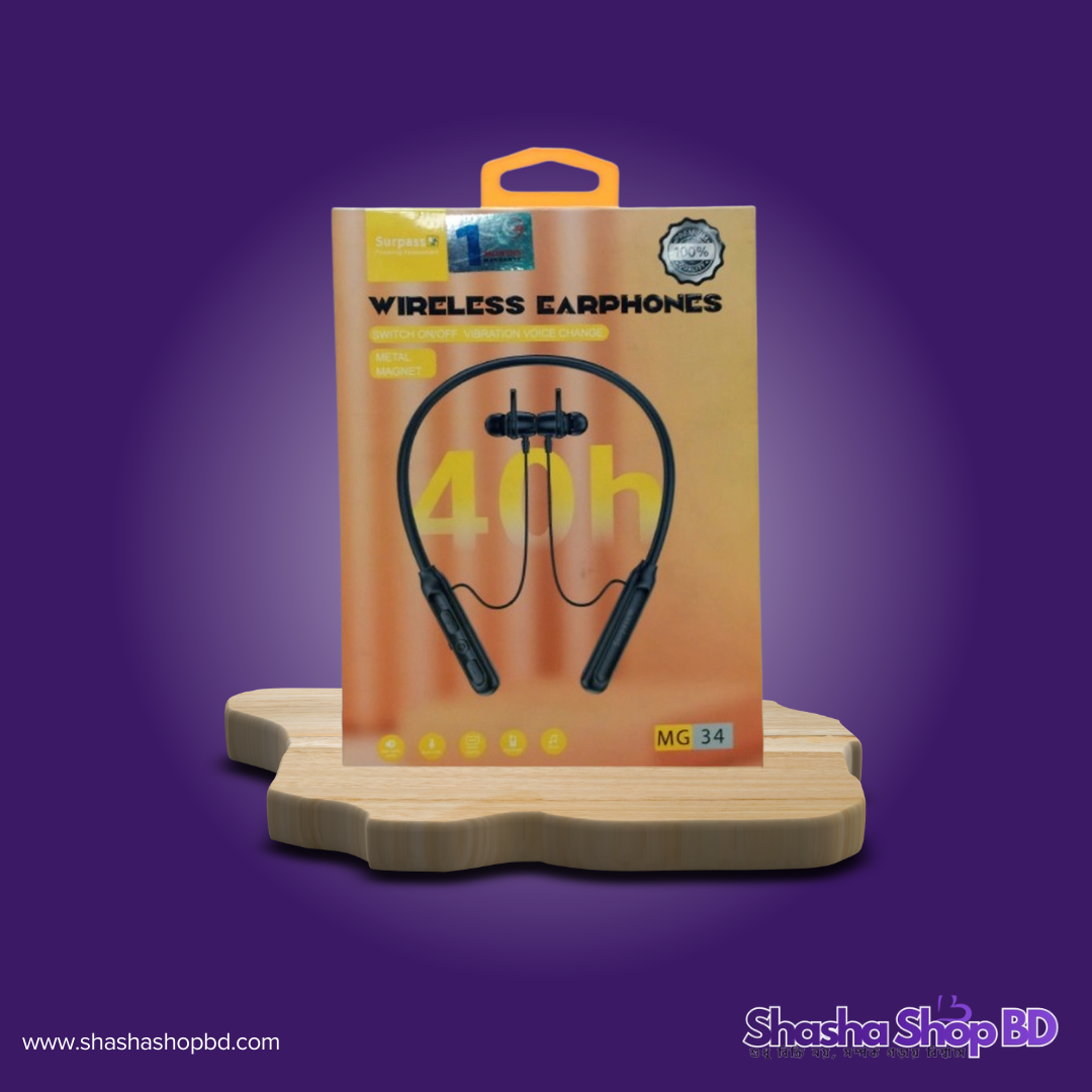 🎧 Surpass MG-34 Hanging Neckband Metal Magnet Headphones (40 Hours Playtime, Metal Magnet Buds & Vibration Alert – দীর্ঘস্থায়ী ব্যাটারি ব্যাকআপ ও প্রিমিয়াম অডিও অভিজ্ঞতা!)