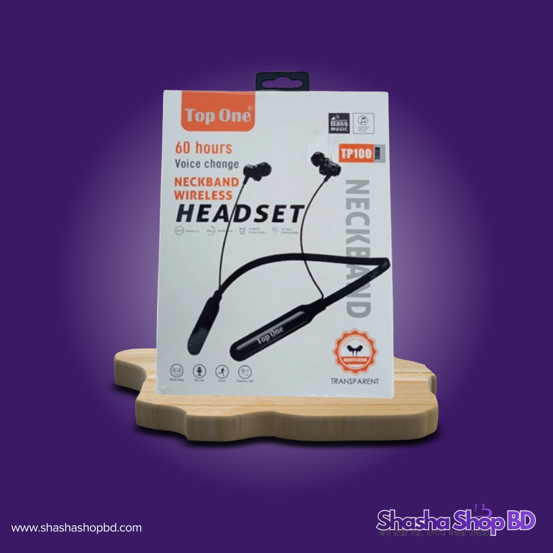🎧 Top One Hanging Neckband Wireless Headset (TP100) (60 Hours Long Battery, Voice Change Feature & Transparent Design – অসাধারণ ব্যাটারি ব্যাকআপ ও শক্তিশালী সাউন্ডের নিশ্চয়তা!)