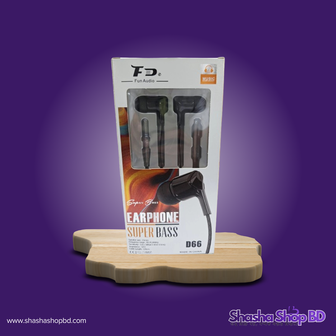 🎧 FD D66 Super Bass Earphone (Deep Bass Performance, Crystal Clear Audio & Comfortable In-Ear Design – আপনার মিউজিক অভিজ্ঞতায় আনুন নতুন গতি!)