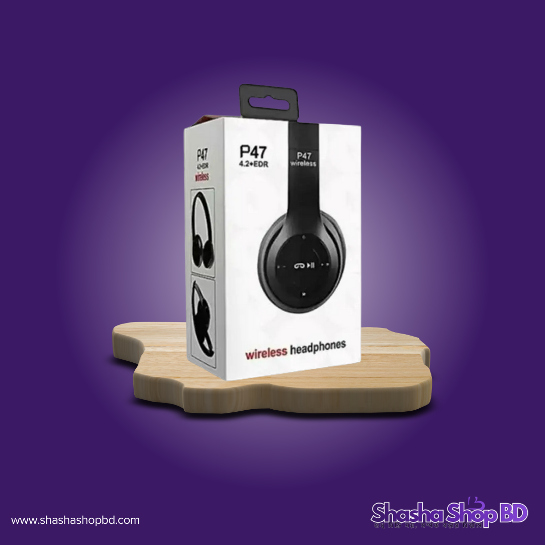 🎧 P47 Wireless Over-Ear Headphone (Black) (High-Speed Bluetooth, FM Radio & Foldable Design – বাজেট ফ্রেন্ডলি অল-ইন-ওয়ান অডিও সলিউশন!)