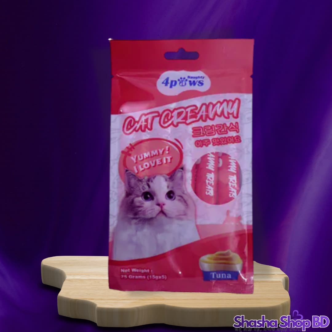 🐾 Naughty 4 Paws Cat Creamy Treat (Tuna Flavor) – 75g (15g × 5 Sticks) (Yummy! I Love It | Shasha Shop BD