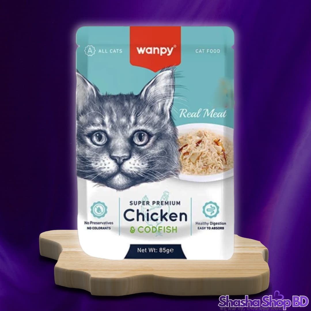🐾 Wanpy Adult Cat Pouch Real Meat Chicken & Codfish – 85g (Super Premium Wet Food for Gourmet Cats – আসল মাংসের স্বাদ ও পুষ্টির সেরা সমন্বয়!)