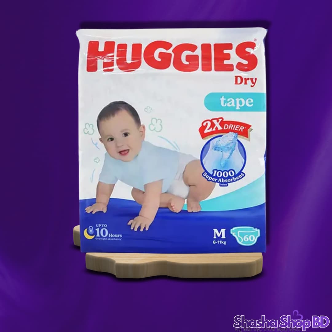 Huggies Dry Tape Baby Diaper (M) – 60 Pcs (2X Drier with 1000 Super Absorbent Holes – আপনার সোনামণির ১০ ঘণ্টা পর্যন্ত নিশ্চিন্ত শুষ্কতা ও আরাম!)