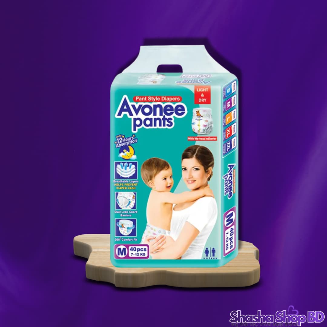 Avonee Pant Style Baby Diaper (M) – 40 Pcs (Light & Dry, 12 Hours Absorption – আপনার সোনামণির দিনভর সতেজতা আর নিশ্চিন্ত ঘুমের প্রতিশ্রুতি!)