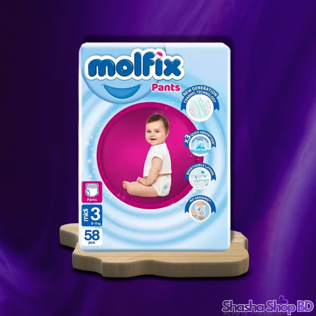 Molfix Pants Midi Baby Diaper (Size 3) – 58 Pcs (New Generation Channel Technology, 3x Faster Absorption & No Sagging – আপনার সোনামণির জন্য তুর্কি প্রযুক্তির সেরা সুরক্ষা!)