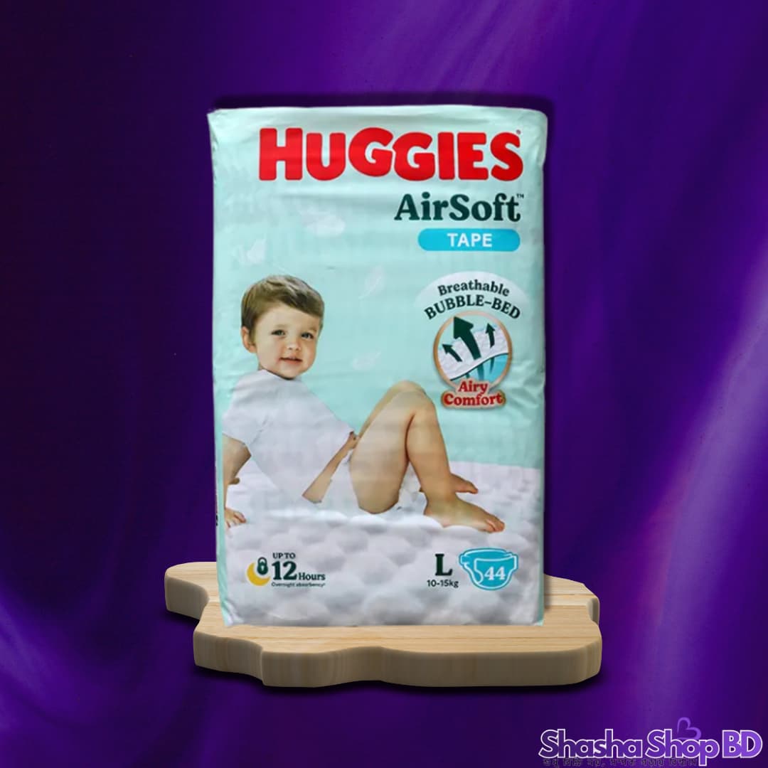 Huggies AirSoft Tape Baby Diaper (Large - 44 Pcs) (Breathable Bubble-Bed™ Comfort – মেঘের মতো নরম আর বাতাসের মতো সতেজ সুরক্ষা!)