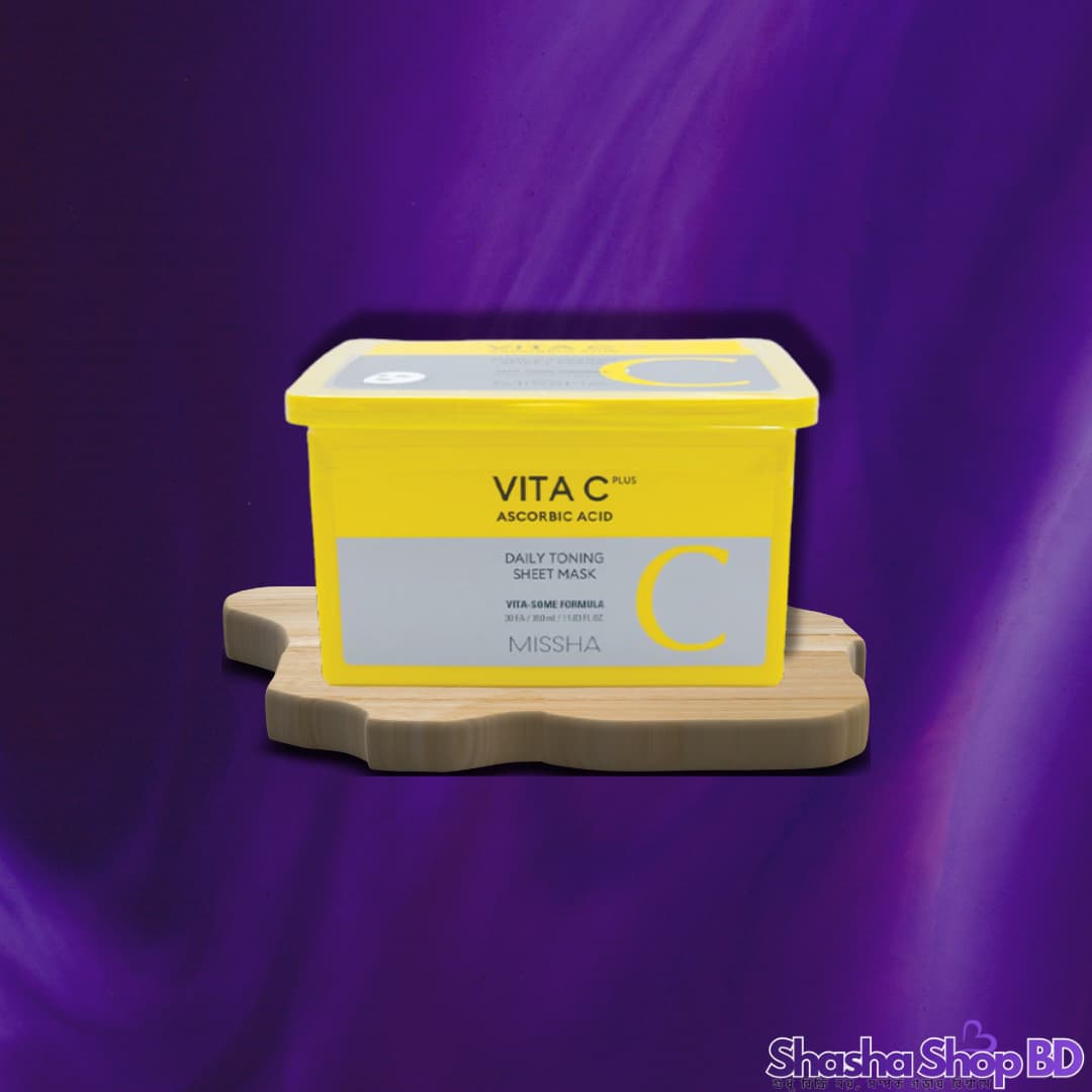 🍋 Missha Vita C Plus Daily Toning Sheet Mask (30 Sheets / 350 ml) (Daily Brightening, Instant Glow – মাত্র ১ মিনিটেই প্রতিদিন পান উজ্জ্বল ও সতেজ ত্বক!)