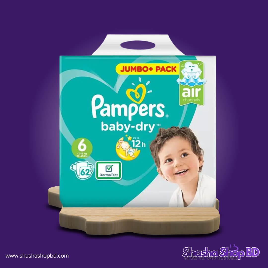 Pampers Baby-Dry Belt Diaper (Size 6 Jumbo Pack - 62 Pcs) (Air Channels & 12h Breathable Protection – আপনার সোনামণির জন্য বিশ্বমানের সুরক্ষা!)
