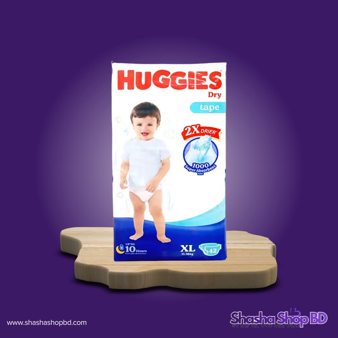 Huggies Dry Tape Baby Diaper (XL - 42 Pcs) (1000 Super Absorbent Holes & 2X Drier – আপনার সোনামণির দীর্ঘস্থায়ী শুষ্কতা ও আরামের নিশ্চয়তা!)