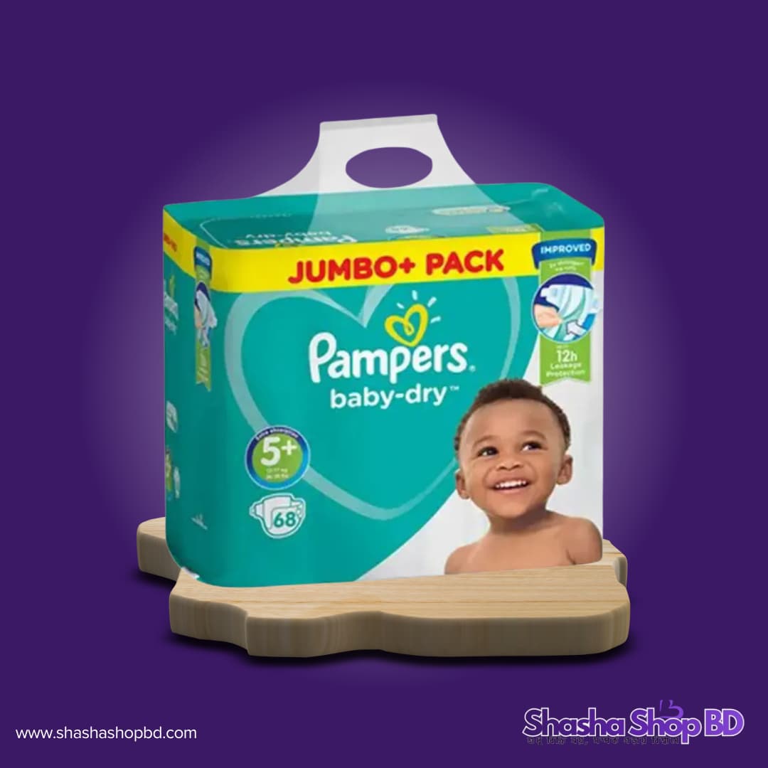 Pampers Baby-Dry Belt Diaper (Size 5+ Jumbo Pack - 68 Pcs) (12 Hours Leakage Protection & Extra Absorbency – আপনার সোনামণির নিশ্চিন্ত ঘুম আর হাসিখুশি দিনের জন্য!)