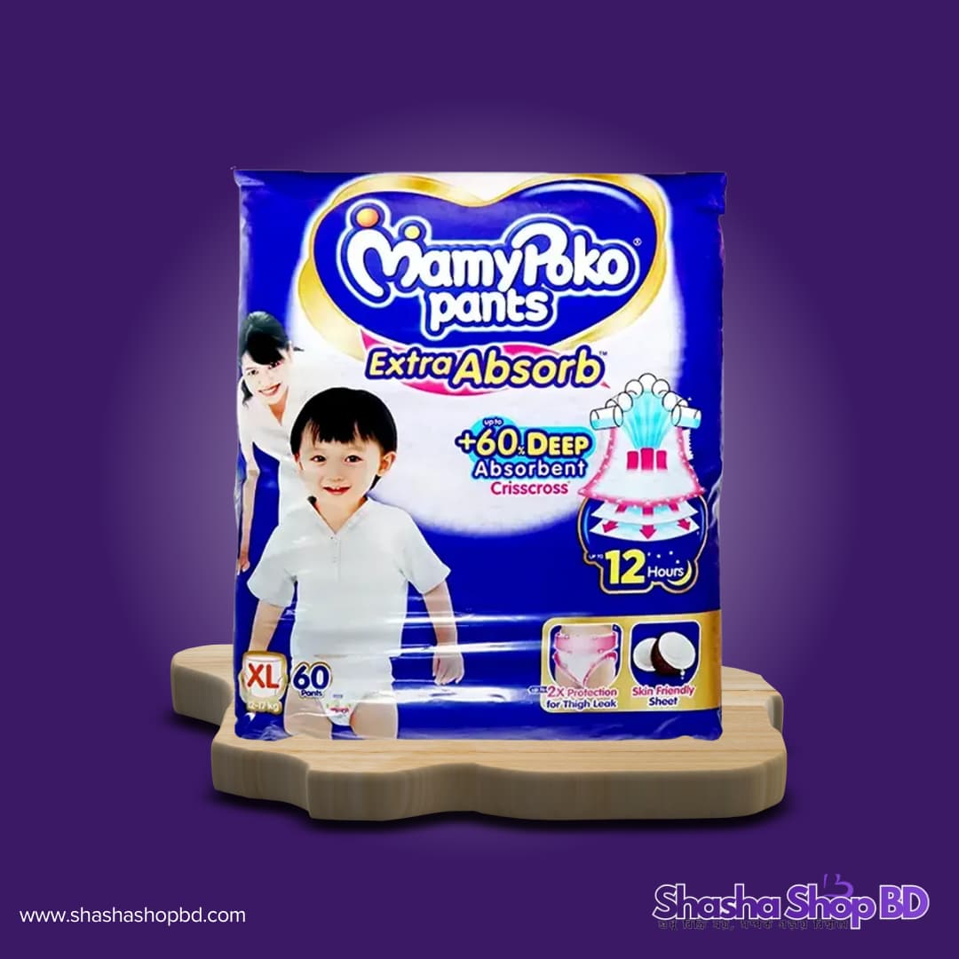 MamyPoko Pants Extra Absorb (XL - 60 Pcs) (12 Hours Overnight Protection & Crisscross Sheet – আপনার সোনামণির দীর্ঘস্থায়ী আরাম আর নিশ্চিত সুরক্ষা!)