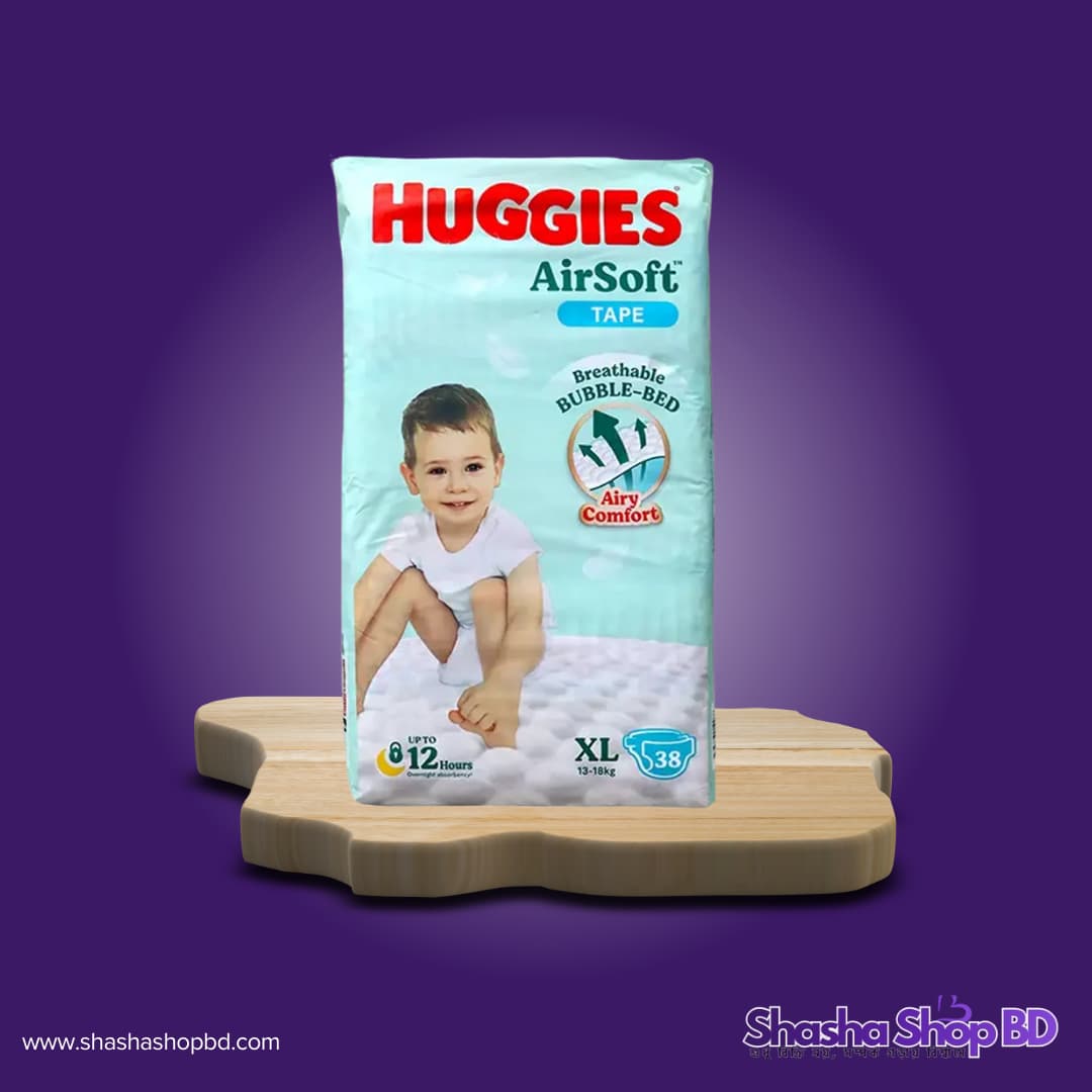 Huggies Airsoft Tape Baby Diaper (XL - 38 Pcs) (Cloud-Like Softness & Ultimate Breathability – আপনার সোনামণির কোমল ত্বকের জন্য সেরা সুরক্ষা!)