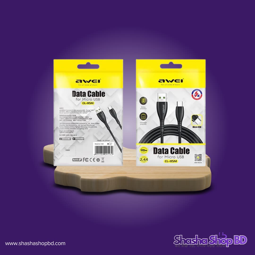 ⚡ Awei Data Cable for Micro USB (CL-115M) (2.4A Fast Charging, Battery Protection & Overcharge Prevention – আপনার ডিভাইসের দীর্ঘস্থায়ী ও নিরাপদ চার্জিং পার্টনার!)