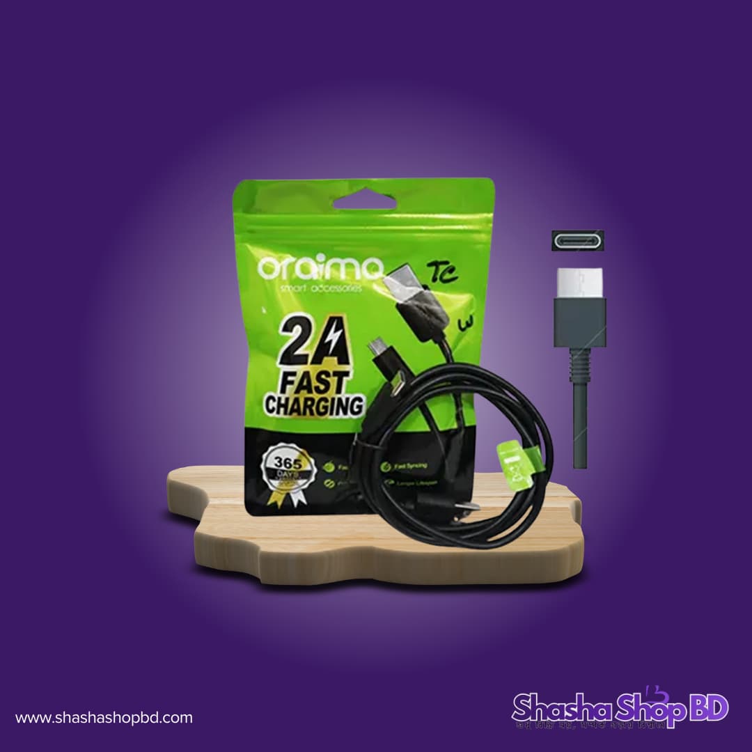 ⚡ Oraimo 2A Fast Charging Type-C USB Data Cable (Black) (High-Speed Charging, Fast Syncing & 365 Days Warranty – আপনার স্মার্টফোনের চার্জিং ও ডাটা ট্রান্সফারের সেরা সঙ্গী!)