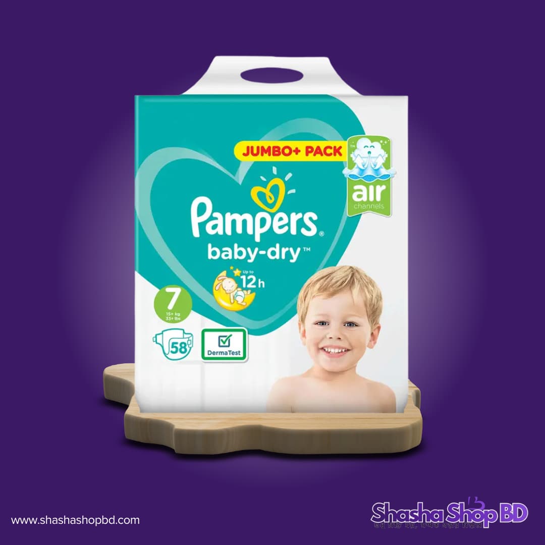 👶 Pampers 7 Belt Baby-Dry Diaper Jumbo+ Pack - 58 Pcs (Weight Range: 15+ kg, Air Channels for Breathable Dryness & Up to 12h Protection – আপনার সোনামণির জন্য সারারাত নিশ্চিন্ত এবং আরামদায়ক সুরক্ষা!)