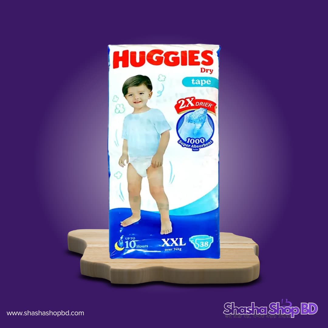 👶 Huggies Dry Tape Baby Diaper - XXL 38 Pcs (Weight Range: Over 14kg, 1000 Super Absorbent Holes & Up to 10 Hours Dryness – আপনার সোনামণির কোমল ত্বকের জন্য ২ গুণ বেশি শুষ্কতা!)