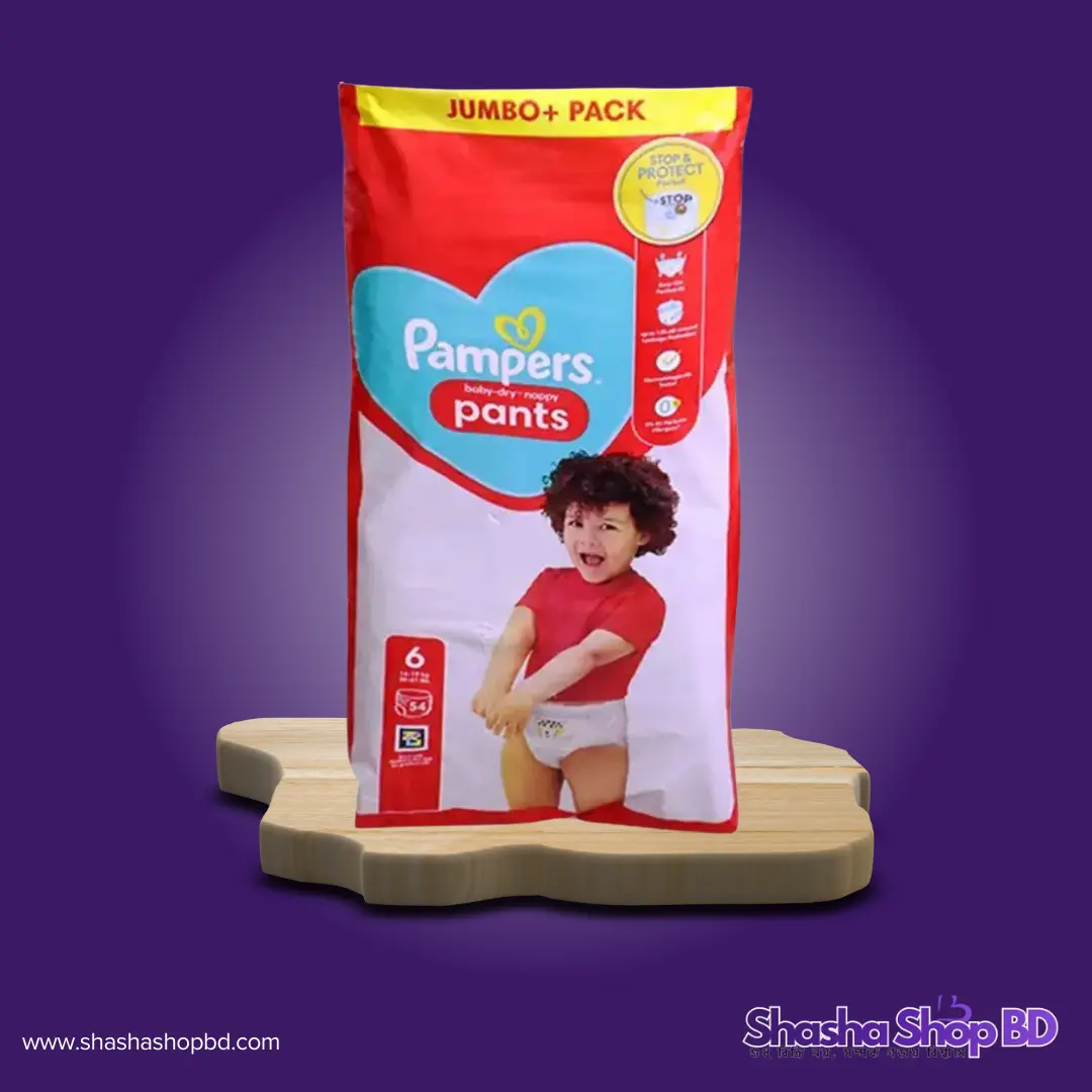 👶 Pampers 6 Pants Baby-Dry Nappy Jumbo+ Pack - 54 Pcs (Weight Range: 14-19kg, 12H Leakage Protection & Stop & Protect Pocket – আপনার সোনামণির ত্বক থাকুক শুষ্ক এবং সুরক্ষিত সারারাত!)