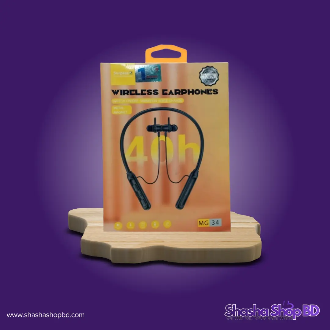 🎧 Surpass MG-34 Hanging Neckband Metal Magnet Headphones (40 Hours Playtime, Metal Magnet Buds & Vibration Alert – দীর্ঘস্থায়ী ব্যাটারি ব্যাকআপ ও প্রিমিয়াম অডিও অভিজ্ঞতা!)