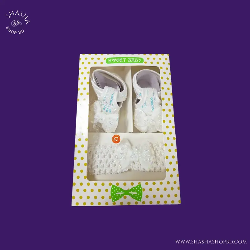 Sweet Baby Lace Shoes with Matching Headband Gift Set - Size 13 (White) | Shasha Shop BD