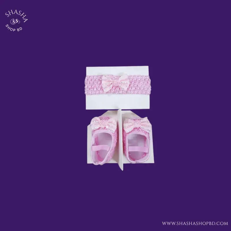 Sweet Baby Shoes with Matching Headband Gift Set - Size 14 (Pink) | Shasha Shop BD