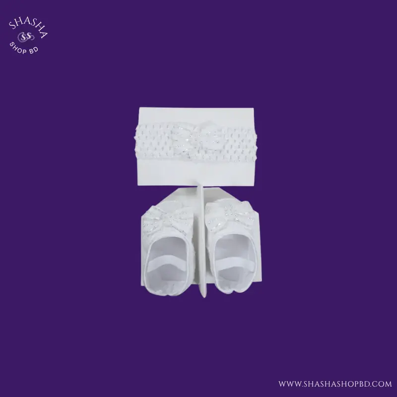 Sweet Baby Shoes with Matching Headband Gift Set - Size 14 (White) | Shasha Shop BD