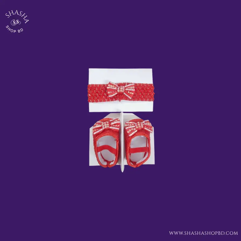 Sweet Baby Shoes with Matching Headband Gift Set - Size 14 (Red) | Shasha Shop BD