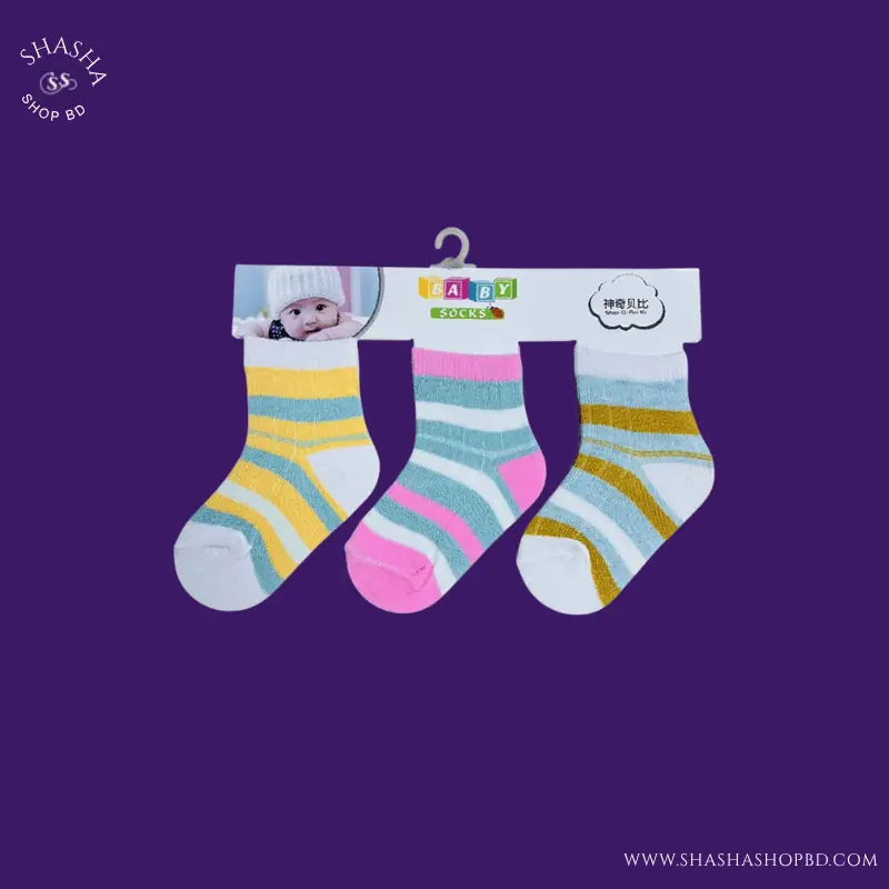 Soft Cotton Baby Striped Socks Multi Color - 3 Pairs Pack | Shasha Shop BD